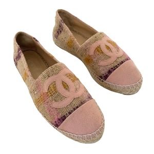 Authentic Chanel Espadrilles Tweed Loafer Flats Shoes CC Logos Cap Toe EU 39